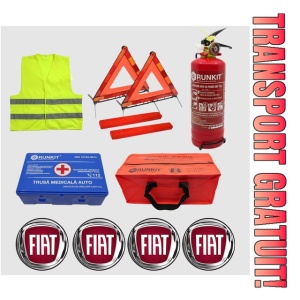 Kit siguranta auto Cri-Flo, Omologat R.A.R, Valabilitate 5 ani, 1x Trusa Prim Ajutor, 2 x Triunghiuri, 1x Stingator tip Spray, 1x Vesta reflectorizanta, Geanta pentru depozitare, 4 Stickere auto cu Fiat