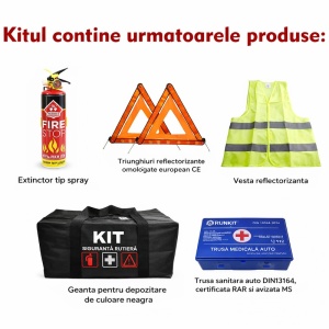 Kit Trusa siguranta rutiera auto, Omologat R.A.R, Valabilitate 5 ani, 1x Extinctor tip spray, 1x Trusa Medicala, 2x Triunghiuri,1x Geanta depozitare neagra, SETRUTIERA - Img 4