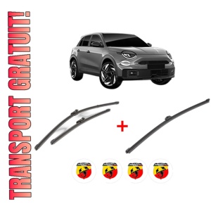 Set 3 stergatoare ABARTH 600e din 2023, pentru parbriz si luneta fata si spate auto, Valeo Silencio Xtrm, din cauciuc siliconat rezistent, 4 Stickere Auto ABARTH