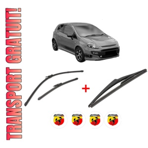 Set 3 stergatoare ABARTH PUNTO EVO din 2008 - 2012, pentru parbriz si luneta fata si spate auto, Valeo Silencio, din cauciuc siliconat rezistent, 4 Stickere Auto ABARTH