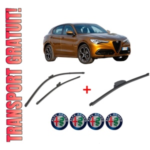 Set 3 stergatoare ALFA ROMEO STELVIO (949_) din 2016, pentru parbriz si luneta fata si spate auto, Valeo Silencio, din cauciuc siliconat rezistent, 4 Stickere Auto ALFA ROMEO