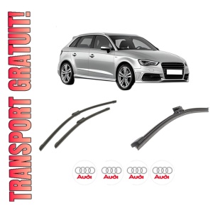 Set 3 stergatoare AUDI A3 Sportback (8VA, 8VF) din 2012-2020, pentru parbriz si luneta fata si spate auto, Bosch Aerotwin-Aerotwin, din cauciuc siliconat rezistent, 4 Stickere Auto AUDI
