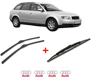 Set 3 stergatoare AUDI A4 B6 Avant (8E5) din 2001 - 2004, pentru parbriz si luneta fata si spate auto, Bosch Twin, din cauciuc siliconat rezistent, 4 Stickere Auto AUDI v7739