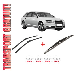 Set 3 stergatoare AUDI A6 Allroad C6 (4FH) din 2006 - 2011, pentru parbriz si luneta fata si spate auto, Bosch Twin, din cauciuc siliconat rezistent, 4 Stickere Auto AUDI