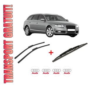 Set 3 stergatoare AUDI A6 C6 Avant (4F5) din 2004 - 2011, pentru parbriz si luneta fata si spate auto, Bosch Twin, din cauciuc siliconat rezistent, 4 Stickere Auto AUDI