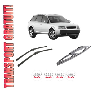 Set 3 stergatoare AUDI ALLROAD C5 (4BH) din 2000-2005, pentru parbriz si luneta fata si spate auto, Bosch Twin-Aerotwin, din cauciuc siliconat rezistent, 4 Stickere Auto AUDI