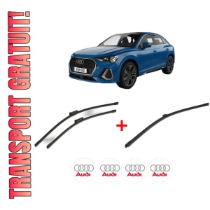 Set 3 stergatoare AUDI Q3 Sportback (F3N) din 2019 - 2021, pentru parbriz si luneta fata si spate auto, Bosch Aerotwin, din cauciuc siliconat rezistent, 4 Stickere Auto AUDI