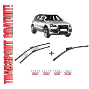 Set 3 stergatoare AUDI Q5 Van (8RB) din 2008 - 2017, pentru parbriz si luneta fata si spate auto, Bosch Aerotwin, din cauciuc siliconat rezistent, 4 Stickere Auto AUDI