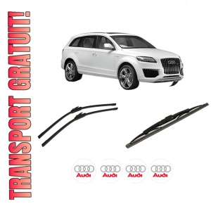 Set 3 stergatoare AUDI Q7 (4LB) din 2006-2015, pentru parbriz si luneta fata si spate auto, Bosch Twin-Aerotwin, din cauciuc siliconat rezistent, 4 Stickere Auto AUDI