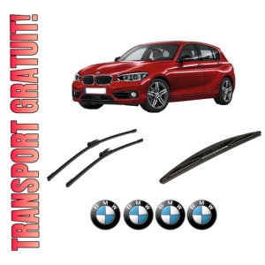 Set 3 stergatoare BMW Seria 1 (F21) din 2011-2019, pentru parbriz si luneta fata si spate auto, Bosch Twin-Aerotwin, din cauciuc siliconat rezistent, 4 Stickere Auto BMW