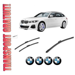 Set 3 stergatoare BMW Seria 3 Touring (G21, G81) din 2019-2025, pentru parbriz si luneta fata si spate auto, Bosch Aerotwin-Aerotwin, din cauciuc siliconat rezistent, 4 Stickere Auto BMW