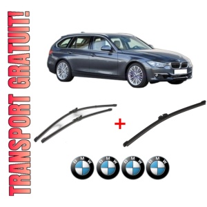 Set 3 stergatoare BMW Seria 3 Touring Van (F31) din 2012 - 2019, pentru parbriz si luneta fata si spate auto, Valeo Silencio, din cauciuc siliconat rezistent, 4 Stickere Auto BMW