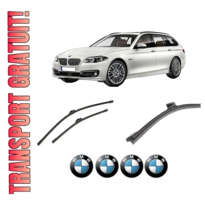 Set 3 stergatoare BMW Seria 5 Touring (F11) din 2009-2017, pentru parbriz si luneta fata si spate auto, Bosch Aerotwin-Aerotwin, din cauciuc siliconat rezistent, 4 Stickere Auto BMW