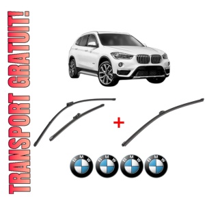 Set 3 stergatoare BMW Seria X1 Van (F48) din 2015 - 2022, pentru parbriz si luneta fata si spate auto, Valeo Silencio Xtrm, din cauciuc siliconat rezistent, 4 Stickere Auto BMW