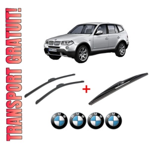 Set 3 stergatoare BMW Seria X3 (E83) din 2003 - 2011, pentru parbriz si luneta fata si spate auto, Bosch Twin, din cauciuc siliconat rezistent, 4 Stickere Auto BMW