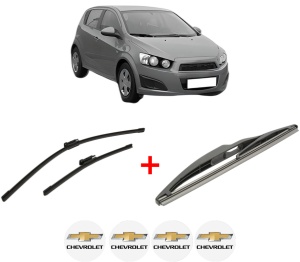 Set 3 stergatoare CHEVROLET AVEO Hatchback (T300) din 2011 - 2015, pentru parbriz si luneta fata si spate auto, Bosch Twin, din cauciuc siliconat rezistent, 4 Stickere Auto CHEVROLET v7679