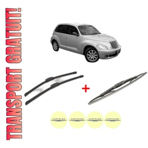 Set 3 stergatoare CHRYSLER PT CRUISER Combi Van (PT_) din 2002 - 2008, pentru parbriz si luneta fata si spate auto, Bosch Twin, din cauciuc siliconat rezistent, 4 Stickere Auto CHRYSLER