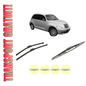 Set 3 stergatoare CHRYSLER PT CRUISER Combi Van (PT_) din 2002-2008, pentru parbriz si luneta fata si spate auto, Bosch Twin-Aerotwin Retrofit, din cauciuc siliconat rezistent, 4 Stickere Auto CHRYSLER