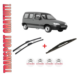 Set 3 stergatoare CITROEN BERLINGO / BERLINGO FIRST MPV (MF_, GJK_, GFK_) din 1996 - 2011, pentru parbriz si luneta fata si spate auto, Bosch Twin, din cauciuc siliconat rezistent, 4 Stickere Auto CITROEN