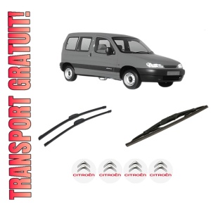Set 3 stergatoare CITROEN BERLINGO / BERLINGO FIRST MPV (MF_, GJK_, GFK_) din 1996-2011, pentru parbriz si luneta fata si spate auto, Bosch Twin-Aerotwin Retrofit, din cauciuc siliconat rezistent, 4 Stickere Auto CITROEN