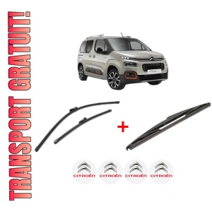 Set 3 stergatoare CITROEN BERLINGO (ER_, EC_) din 2018, pentru parbriz si luneta fata si spate auto, Valeo Silencio, din cauciuc siliconat rezistent, 4 Stickere Auto CITROEN