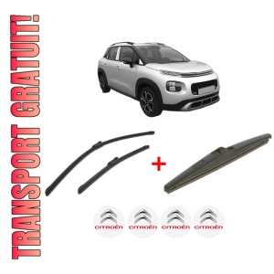 Set 3 stergatoare CITROEN C3 AIRCROSS II (2R_, 2C_) din 2017 - 2018, pentru parbriz si luneta fata si spate auto, Bosch Twin, din cauciuc siliconat rezistent, 4 Stickere Auto CITROEN