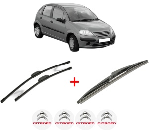 Set 3 stergatoare CITROEN C3 I (FC_, FN_) din 2002 - 2012, pentru parbriz si luneta fata si spate auto, Bosch Twin, din cauciuc siliconat rezistent, 4 Stickere Auto CITROEN v8339