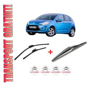 Set 3 stergatoare CITROEN C3 II Hatchback Van (SC_) din 2010 - 2016, pentru parbriz si luneta fata si spate auto, Bosch Twin, din cauciuc siliconat rezistent, 4 Stickere Auto CITROEN