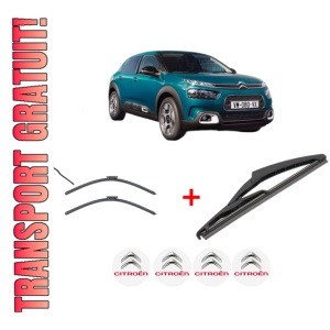 Set 3 stergatoare CITROEN C4 CACTUS Van (0B_, 0P_) din 2019, pentru parbriz si luneta fata si spate auto, Valeo Silencio, din cauciuc siliconat rezistent, 4 Stickere Auto CITROEN