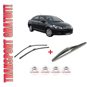 Set 3 stergatoare CITROEN C4 I Saloon din 2006 - 2013, pentru parbriz si luneta fata si spate auto, Bosch Twin, din cauciuc siliconat rezistent, 4 Stickere Auto CITROEN