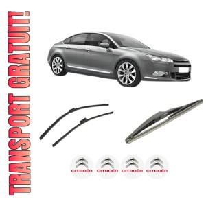 Set 3 stergatoare CITROEN C5 III (RD_) din 2008-2014, pentru parbriz si luneta fata si spate auto, Bosch Twin-Aerotwin, din cauciuc siliconat rezistent, 4 Stickere Auto CITROEN