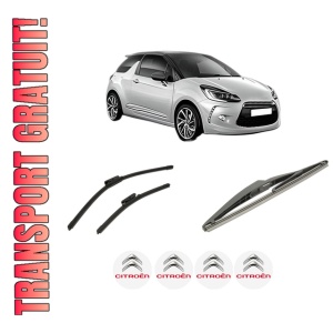 Set 3 stergatoare CITROEN DS3 (SA_) din 2009-2015, pentru parbriz si luneta fata si spate auto, Bosch Twin-Aerotwin, din cauciuc siliconat rezistent, 4 Stickere Auto CITROEN