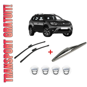 Set 3 stergatoare DACIA DUSTER (HM_) din 2017, pentru parbriz si luneta fata si spate auto, Bosch Twin, din cauciuc siliconat rezistent, 4 Stickere Auto DACIA