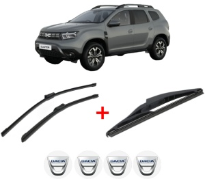 Set 3 stergatoare DACIA DUSTER (PYM_, PYN_) din 2023, pentru parbriz si luneta fata si spate auto, Bosch Twin, din cauciuc siliconat rezistent, 4 Stickere Auto DACIA v2819