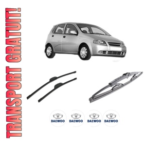 Set 3 stergatoare DAEWOO KALOS (KLAS) din 2002-2003, pentru parbriz si luneta fata si spate auto, Bosch Twin-Aerotwin Retrofit, din cauciuc siliconat rezistent, 4 Stickere Auto DAEWOO