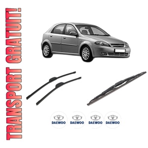 Set 3 stergatoare DAEWOO LACETTI Hatchback (KLAN) din 2004, pentru parbriz si luneta fata si spate auto, Bosch Twin-Aerotwin Retrofit, din cauciuc siliconat rezistent, 4 Stickere Auto DAEWOO