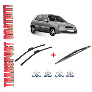 Set 3 stergatoare DAEWOO LANOS (KLAT) din 1997, pentru parbriz si luneta fata si spate auto, Bosch Twin, din cauciuc siliconat rezistent, 4 Stickere Auto DAEWOO