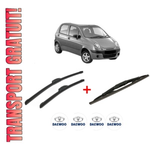 Set 3 stergatoare DAEWOO MATIZ (M100, M150) din 1998 - 2003, pentru parbriz si luneta fata si spate auto, Bosch Twin, din cauciuc siliconat rezistent, 4 Stickere Auto DAEWOO