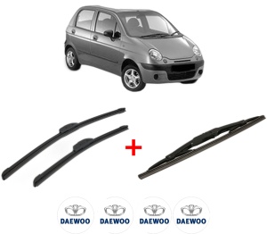 Set 3 stergatoare DAEWOO MATIZ (M100, M150) din 1998 - 2003, pentru parbriz si luneta fata si spate auto, Bosch Twin, din cauciuc siliconat rezistent, 4 Stickere Auto DAEWOO v10559