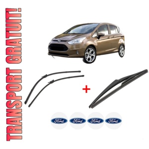 Set 3 stergatoare FORD B-MAX (JK) din 2012, pentru parbriz si luneta fata si spate auto, Valeo Silencio, din cauciuc siliconat rezistent, 4 Stickere Auto FORD