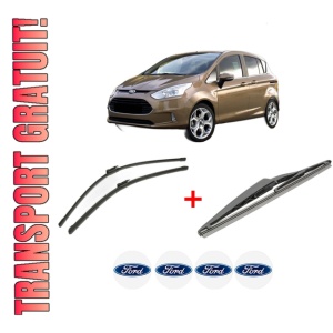 Set 3 stergatoare FORD B-MAX (JK) din 2012, pentru parbriz si luneta fata si spate auto, Bosch Twin, din cauciuc siliconat rezistent, 4 Stickere Auto FORD