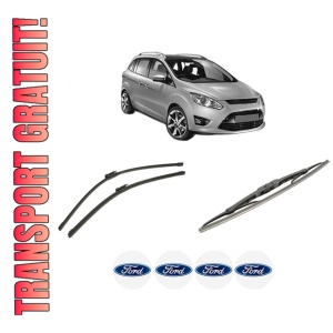 Set 3 stergatoare FORD C-MAX II (DXA/CB7, DXA/CEU) din 2010-2019, pentru parbriz si luneta fata si spate auto, Bosch Twin-Aerotwin, din cauciuc siliconat rezistent, 4 Stickere Auto FORD