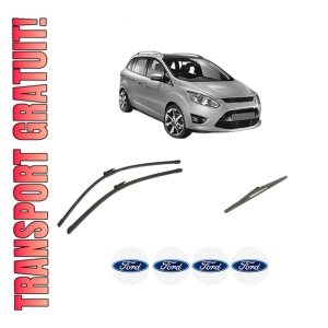 Set 3 stergatoare FORD C-MAX II (DXA/CB7, DXA/CEU) din 2010-2019, pentru parbriz si luneta fata si spate auto, Bosch Twin-Aerotwin, din cauciuc siliconat rezistent, 4 Stickere Auto FORD