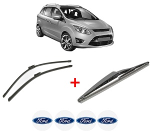 Set 3 stergatoare FORD C-MAX II (DXA/CB7, DXA/CEU) din 2010 - 2019, pentru parbriz si luneta fata si spate auto, Bosch Twin, din cauciuc siliconat rezistent, 4 Stickere Auto FORD v8879