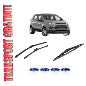 Set 3 stergatoare FORD ECOSPORT din 2012-2022, pentru parbriz si luneta fata si spate auto, Bosch Twin-Aerotwin, din cauciuc siliconat rezistent, 4 Stickere Auto FORD
