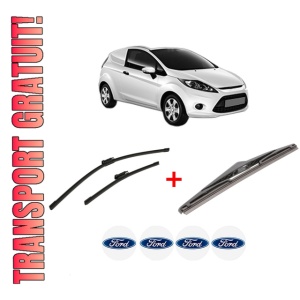 Set 3 stergatoare FORD FIESTA VI Van din 2008 - 2017, pentru parbriz si luneta fata si spate auto, Bosch Twin, din cauciuc siliconat rezistent, 4 Stickere Auto FORD