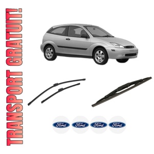 Set 3 stergatoare FORD FOCUS I (DAW, DBW) din 1998-2007, pentru parbriz si luneta fata si spate auto, Bosch Twin-Aerotwin, din cauciuc siliconat rezistent, 4 Stickere Auto FORD