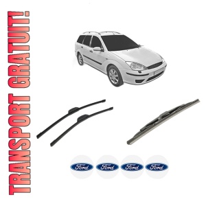 Set 3 stergatoare FORD FOCUS I Estate Van (DNW) din 1998-2005, pentru parbriz si luneta fata si spate auto, Bosch Twin-Aerotwin Retrofit, din cauciuc siliconat rezistent, 4 Stickere Auto FORD