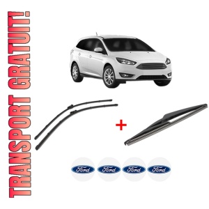 Set 3 stergatoare FORD FOCUS III Estate Van din 2012 - 2020, pentru parbriz si luneta fata si spate auto, Valeo Silencio, din cauciuc siliconat rezistent, 4 Stickere Auto FORD