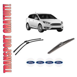 Set 3 stergatoare FORD FOCUS III Estate Van din 2012-2020, pentru parbriz si luneta fata si spate auto, Bosch Twin-Aerotwin Multi, din cauciuc siliconat rezistent, 4 Stickere Auto FORD